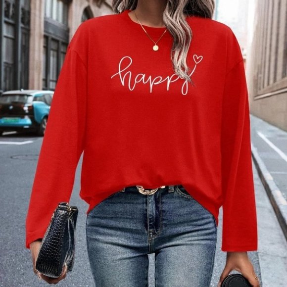 MODA ME COUTURE Tops - Happy Letter Graphic Casual comfy long sleeved Tee red
